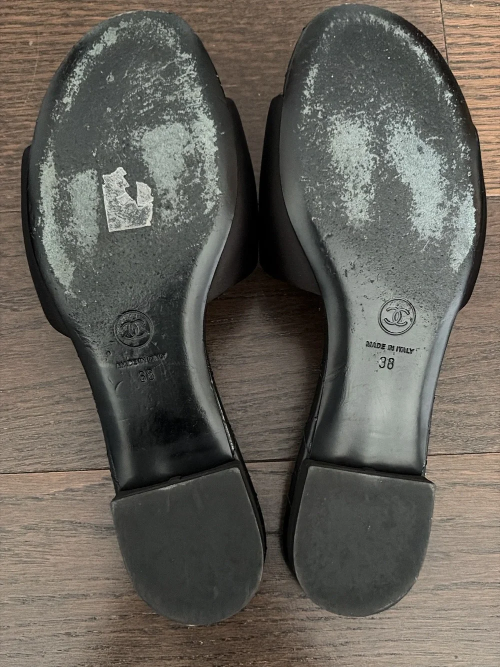 CHANEL Black Satin Quilted Slide Sandals with Gold CC Emblem